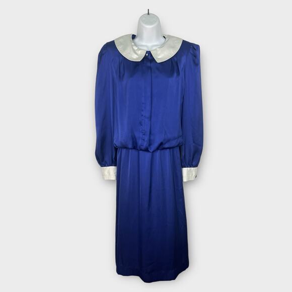 VTG 80s Leslie Fay Dress Sz 12 Blue Satin White Collar Cuffs Rhinestones Career - Picture 2 of 8